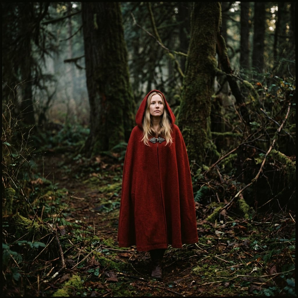Medium shot at eye level: 1960s vintage film aesthetic. An adult woman with long, blonde hair walks alone through a dark forest. She wears a red hooded cloak, with the hood pulled up and fastened at the neck by a silver buckle. Photorealistic 1960s Technicolor film grain; soft, shallow depth of field. — Nano Banana 2.1