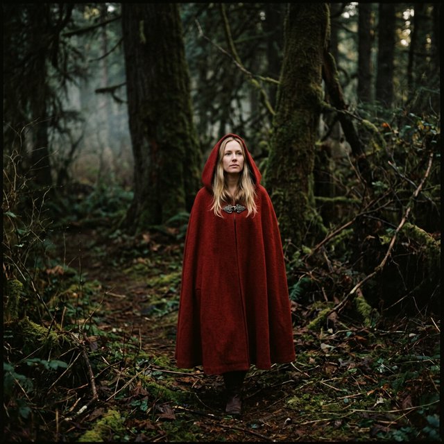 Medium shot at eye level: 1960s vintage film aesthetic. An adult woman with long, blonde hair walks alone through a dark forest. She wears a red hooded cloak, with the hood pulled up and fastened at the neck by a silver buckle. Photorealistic 1960s Technicolor film grain; soft, shallow depth of field. — Nano Banana 2.1