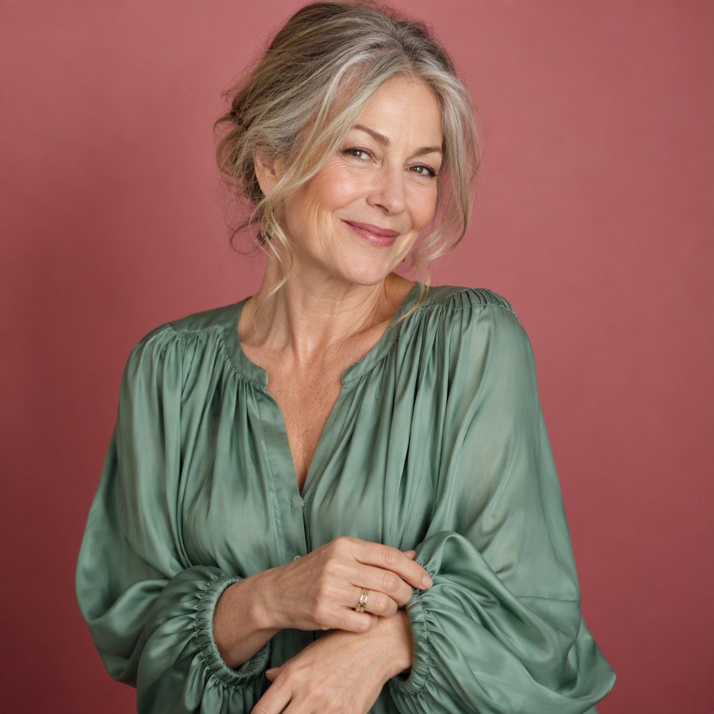 Portrait photograph of an adult woman in her early 60s wearing a softly pleated sea-green silk blouse, hands brushing its gathered sleeve fabric. Her amused, open expression stands against a matte rose backdrop, illuminated by broad, gentle studio light. — GPT Image 2.5 Sunburst