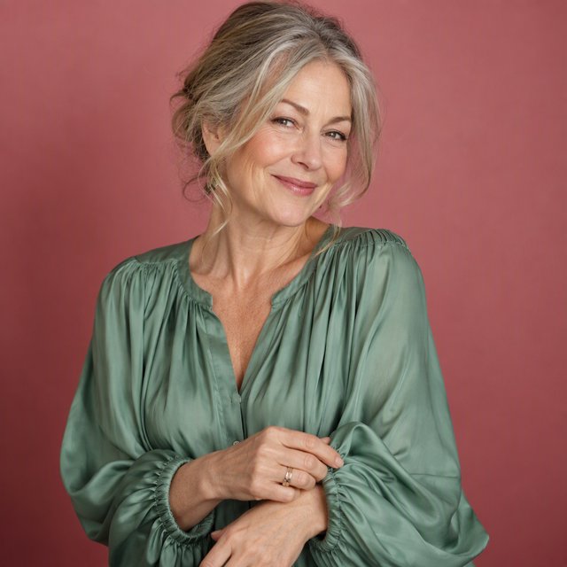 Portrait photograph of an adult woman in her early 60s wearing a softly pleated sea-green silk blouse, hands brushing its gathered sleeve fabric. Her amused, open expression stands against a matte rose backdrop, illuminated by broad, gentle studio light. — GPT Image 2.5 Sunburst
