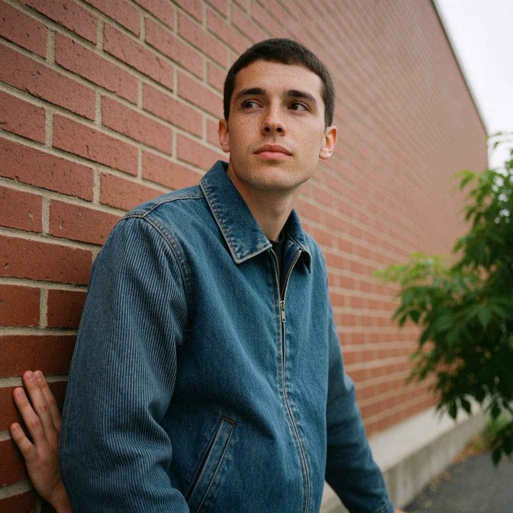 Environmental portrait of a young man in a denim jacket leaning on a red brick wall, overcast light, looking just past the camera. — Krea 2 Medium