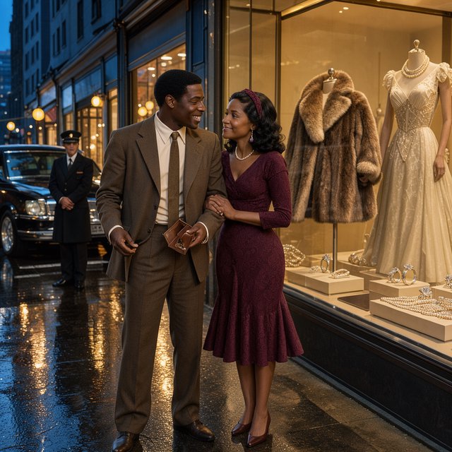 Cinematic city scene at night, with the glamour of 1970s soul romance. In the foreground, a young Black man in a modest brown wide-lapel suit smiles at his adult beloved, playfully turning out his empty trouser pocket while holding an almost-empty wallet. His adult girlfriend wears a burgundy patterned dress and delicate hairband; she holds his arm and gazes at him lovingly, unconcerned by his lack of money. Beside them, a grand department-store window glows amber, displaying a luxurious fur coat, regal evening gown, diamond rings and strings of pearls. In the glass, their reflections appear elegantly dressed, hinting at the lavish life he dreams of giving her. A polished black limousine waits at the curb beside a uniformed chauffeur. Wet pavement mirrors golden lights; deep blue city buildings balance the amber, cream and burgundy palette. Warm, joyful, sincere mood; realistic faces and hands, detailed fabrics and reflections. No text, borders or collage. — FLUX 3 Image Klein