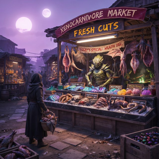 Exotic alien meat market with every possible meat imaginable on sale! — Ideogram v4