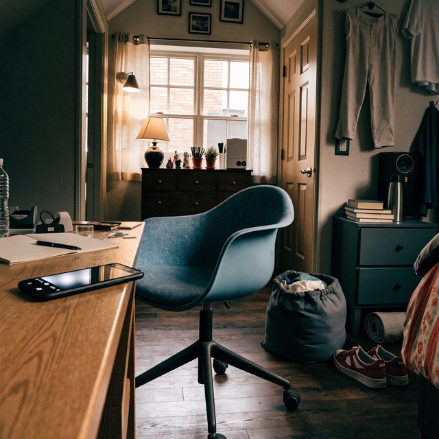 A dorm room belonging to an adult woman, photographed with a cell phone. The camera is sitting on a desk facing the empty chair and the rest of the room. — Recraft v4 Pro