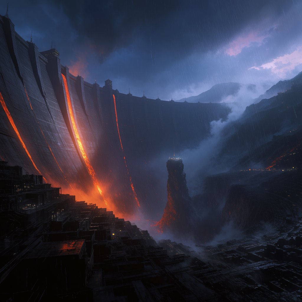 A colossal ring-shaped dam bridges a volcanic caldera, its black stone spillways veined with molten light. Rain veils the terraces as steam rises into a bruised dusk sky. — Krea 2 Medium