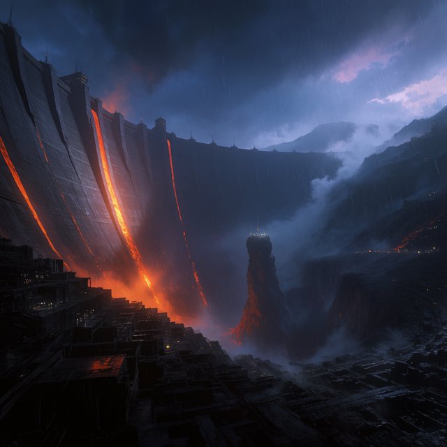 A colossal ring-shaped dam bridges a volcanic caldera, its black stone spillways veined with molten light. Rain veils the terraces as steam rises into a bruised dusk sky. — Krea 2 Medium