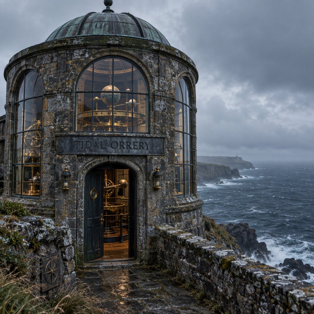 A weathered coastal observatory overlooks dark water, its brass instruments visible through arched windows; "TIDAL ORRERY" is carved into a slate lintel above the entrance, salt spray softening the deep engraved grooves. — GPT Image 2.5 Flare