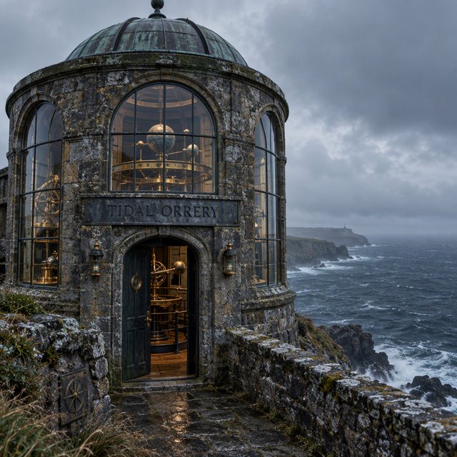 A weathered coastal observatory overlooks dark water, its brass instruments visible through arched windows; "TIDAL ORRERY" is carved into a slate lintel above the entrance, salt spray softening the deep engraved grooves. — GPT Image 2.5 Flare
