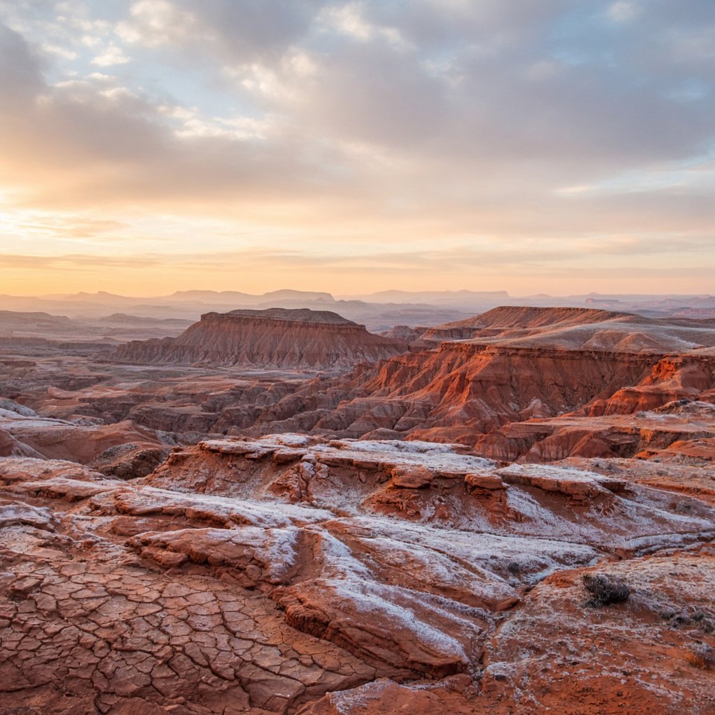 A red-sandstone badlands plateau beneath clearing winter clouds at sunrise, overnight frost silvering the gullies; cracked clay and wind-smoothed rock lead the eye across layered mesas fading into pale distance. — Grok Imagine Image 2
