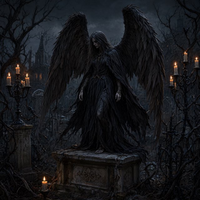 A majestic fallen angel with wings like a dark, tattered cloak, poses dramatically on a crumbling, Victorian-era inspired graveyard tomb, surrounded by twisted, black ironwork and flickering, orange candelabras, as if plucked from a haunting, nightmare. — Qwen Image 3.0 Pro