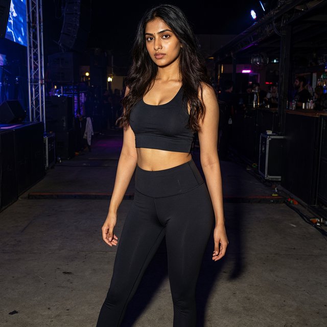 A very pretty Indian woman, 19–27 years old. She is slim with wide hips and is wearing a fitted crop top and leggings. Full-body image. Outside a nightclub. — Model 16