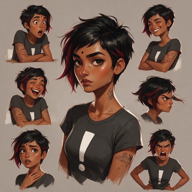 Character exploration sheet of the same 25-year-old Indian woman in several bust and waist-up studies, varied expressions and three-quarter views, one larger central portrait. Warm brown skin, black pixie haircut with red streaks, tattoos, tight T-shirt bearing an exclamation mark (!). Plain warm light-gray background, irregular painted edges. Stylized semi-realistic digital painting with animation-inspired proportions, large expressive eyes, strong brows, simplified anatomy and convincing volume. Minimal linework, soft blended facial shading, broad angular brushstrokes on clothing. Luminous warm brown skin with terracotta undertones, subtle blush, restrained highlights. Hair painted in sculpted masses with broad highlights and fine flyaways. Muted charcoal and earthy neutrals, soft directional studio lighting, detailed eyes and lips, loose edges and unfinished brushwork. — Seedream 5.0 Pro