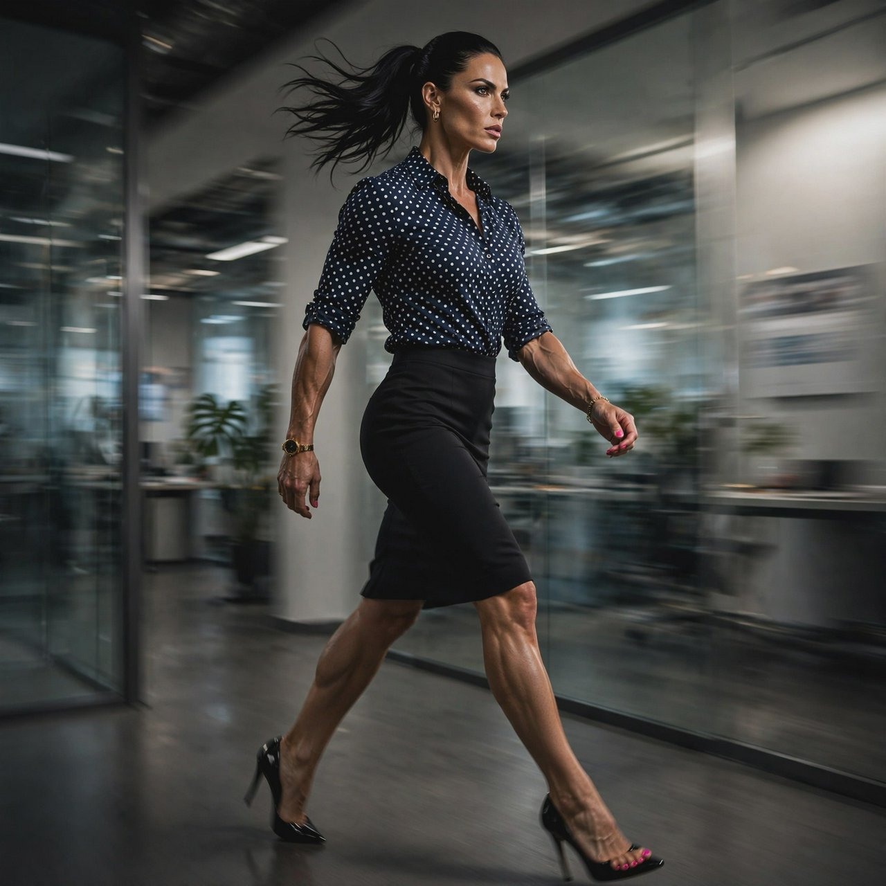 A tall, muscular businesswoman with strong, defined arms strides through a modern office hallway wearing a tailored polka dot blouse and pencil skirt, paired with pointed-toe high heels showing a polished pedicure. Her expression is assertive and self-assured, dynamic motion blur in the background, dramatic studio lighting, high-fashion editorial style — Muse Image 1.0