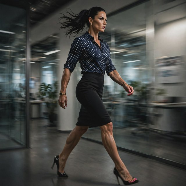 A tall, muscular businesswoman with strong, defined arms strides through a modern office hallway wearing a tailored polka dot blouse and pencil skirt, paired with pointed-toe high heels showing a polished pedicure. Her expression is assertive and self-assured, dynamic motion blur in the background, dramatic studio lighting, high-fashion editorial style — Muse Image 1.0
