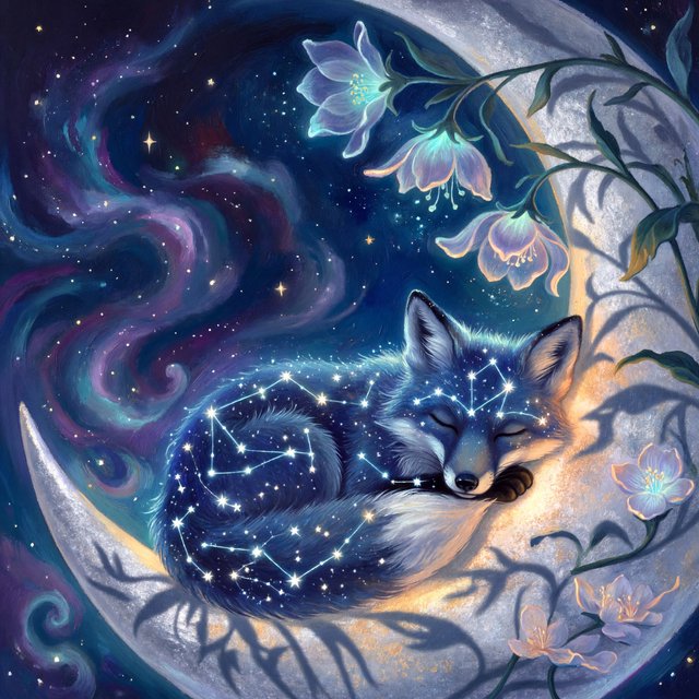 A miniature, intricately detailed fox crafted from living constellations, curled asleep atop a crescent moon. Surrounding it are delicate, bioluminescent flowers that pulse with gentle light, casting intricate shadows. The background is a deep indigo sky filled with swirling nebulae and distant, twinkling stars. The overall aesthetic is dreamlike and whimsical, with a painterly finish and a touch of cosmic wonder. — ImagineArt 2
