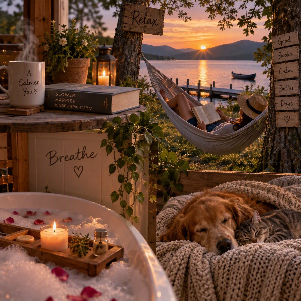 An image representing the word and concept of “Relaxing.” There are at least 4 moments that represent this. The word “Relax” and another word representing it are hidden naturally in the background. — GPT Image 2.5 Sunburst