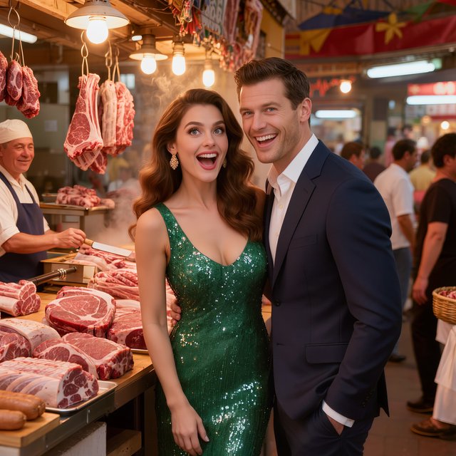 Glamorous adult couple browsing an exotic meat market. The woman has a look of pure surprise at what is on sale. The man just laughs at her reaction! The market is busy and well lit. — Kling v3