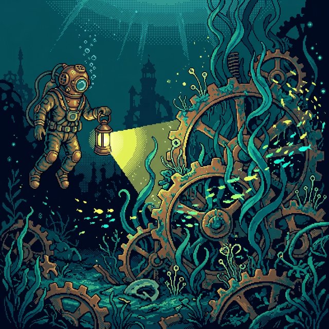 A brass-suited adult diver explores a submerged clockwork garden, where kelp curls around sunken gears and tiny fish glow in the dark; pixel art illustration, palette of teal, copper, midnight blue, and lemon yellow. — Nano Banana 2.1