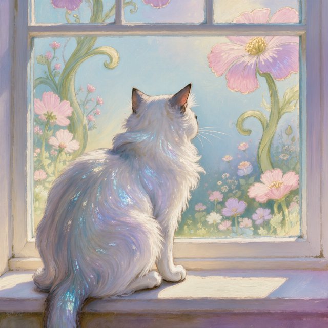 A whimsical cat with fur like spun moonlight sits on a windowsill overlooking a dreamlike garden. The garden is filled with oversized, fantastical flowers rendered in a soft, painterly style, with elements of Art Nouveau curves in the plant designs. The overall mood is serene and enchanting. — Model 10