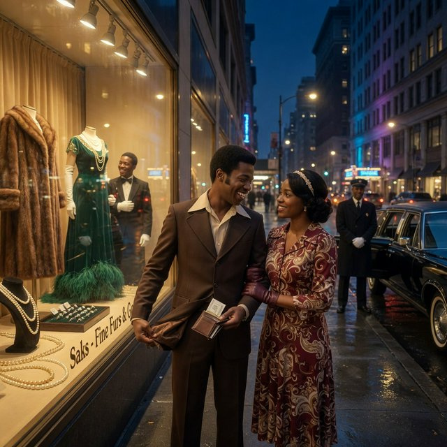 Cinematic city scene at night, with the glamour of 1970s soul romance. In the foreground, a young Black man in a modest brown wide-lapel suit smiles at his adult beloved, playfully turning out his empty trouser pocket while holding an almost-empty wallet. His adult girlfriend wears a burgundy patterned dress and delicate hairband; she holds his arm and gazes at him lovingly, unconcerned by his lack of money. Beside them, a grand department-store window glows amber, displaying a luxurious fur coat, regal evening gown, diamond rings and strings of pearls. In the glass, their reflections appear elegantly dressed, hinting at the lavish life he dreams of giving her. A polished black limousine waits at the curb beside a uniformed chauffeur. Wet pavement mirrors golden lights; deep blue city buildings balance the amber, cream and burgundy palette. Warm, joyful, sincere mood; realistic faces and hands, detailed fabrics and reflections. No text, borders or collage. — Grok Imagine Image Quality