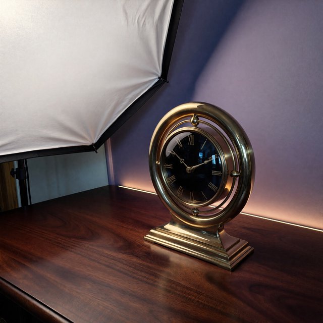 Commercial product photograph of an unbranded sculptural table clock made from satin brass and smoked glass, resting on a dark walnut surface against a muted lavender background, illuminated by a large diffused softbox from the upper left and a subtle rear rim light. — ImagineArt 1.5 Pro