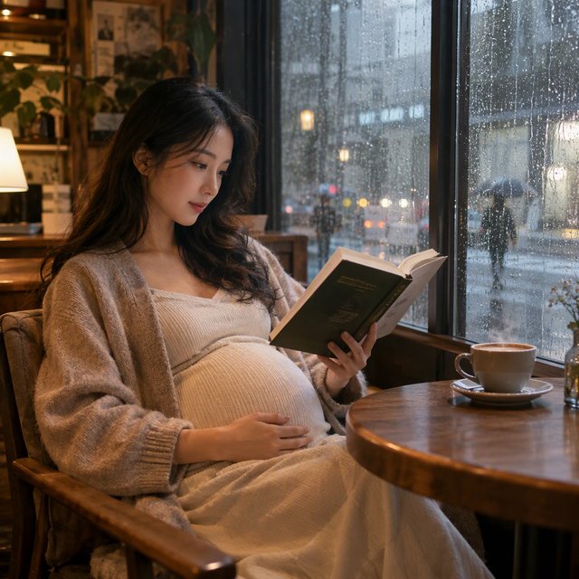 Photorealistic cinematic scene of a pregnant Chinese woman sitting in a cozy café by the window, reading a book. She appears calm, gentle, and thoughtful, with one hand resting naturally near her belly. On the table beside her is a cup of coffee, softly steaming. Outside the large window, heavy rain pours down, with streaks of water on the glass and a blurred rainy street beyond. The café interior is warm and inviting, with soft ambient lighting, wooden textures, and a peaceful atmosphere that contrasts with the storm outside. The composition should feel intimate, emotional, and serene, with the woman as the clear focal point. — GPT Image 2.5 Flare