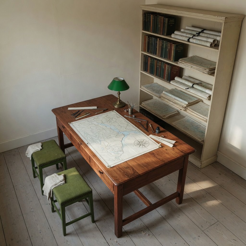 A quiet mapmaking room contains exactly one walnut drafting desk at the center, two moss-green stools side by side along its west edge, and one cream bookcase against the north wall; pale morning light, nothing else. — Grok Imagine Image Quality