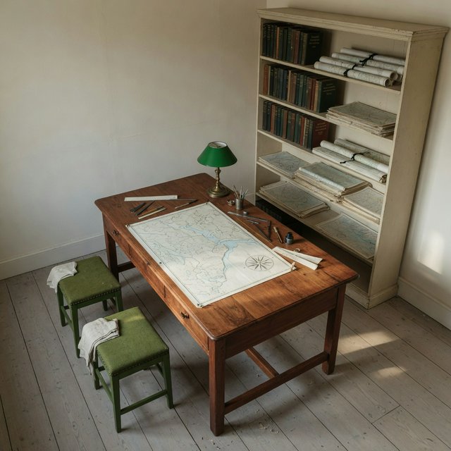 A quiet mapmaking room contains exactly one walnut drafting desk at the center, two moss-green stools side by side along its west edge, and one cream bookcase against the north wall; pale morning light, nothing else. — Grok Imagine Image Quality