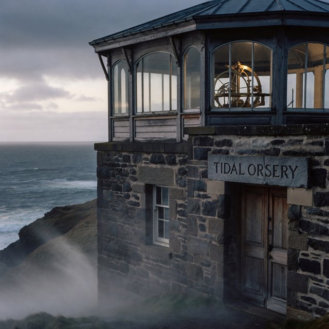 A weathered coastal observatory overlooks dark water, its brass instruments visible through arched windows; "TIDAL ORRERY" is carved into a slate lintel above the entrance, salt spray softening the deep engraved grooves. — ImagineArt 2