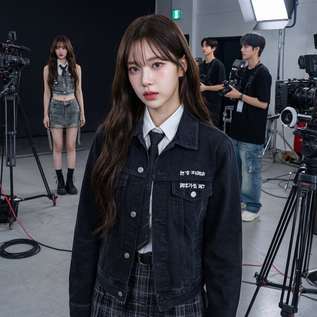 A pretty K-pop idol who is 19–21 years old at a music video shoot. The music video is for her hit song "돈 벌기" (Make Money). The setting of the music video relates to the song name. At least 4 scenes and many angles. — Qwen Image 3.0 Pro