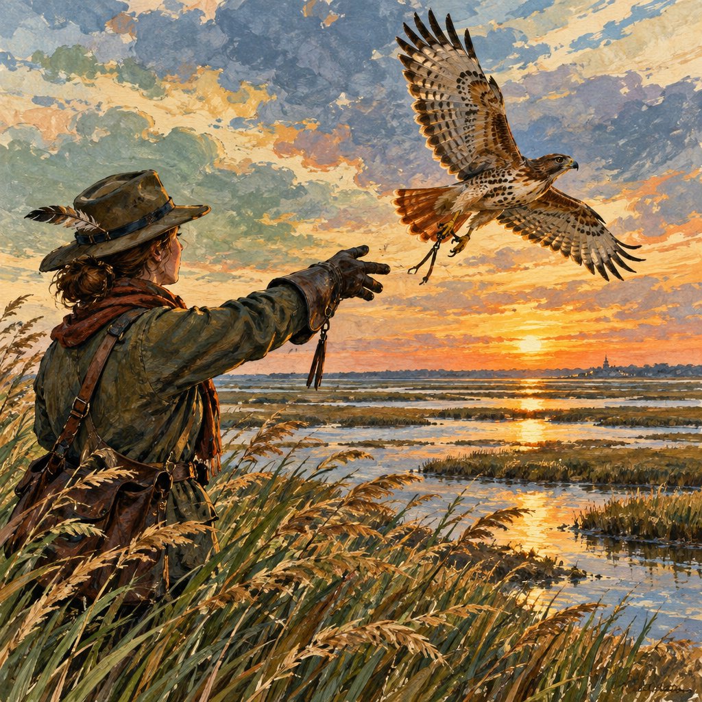 Ink-and-gouache illustration of an adult falconer releasing a hawk above a salt marsh, reeds bending in the wind and tidal pools catching sunset. Palette of rust, moss green, pale gold, and slate blue, with lively brushwork. — GPT Image 2.5 Flare
