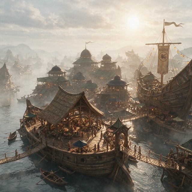 A floating market city built on the hulls of giant upturned ships, rope bridges, morning haze, wide establishing shot. — Seedream 5.0 Pro