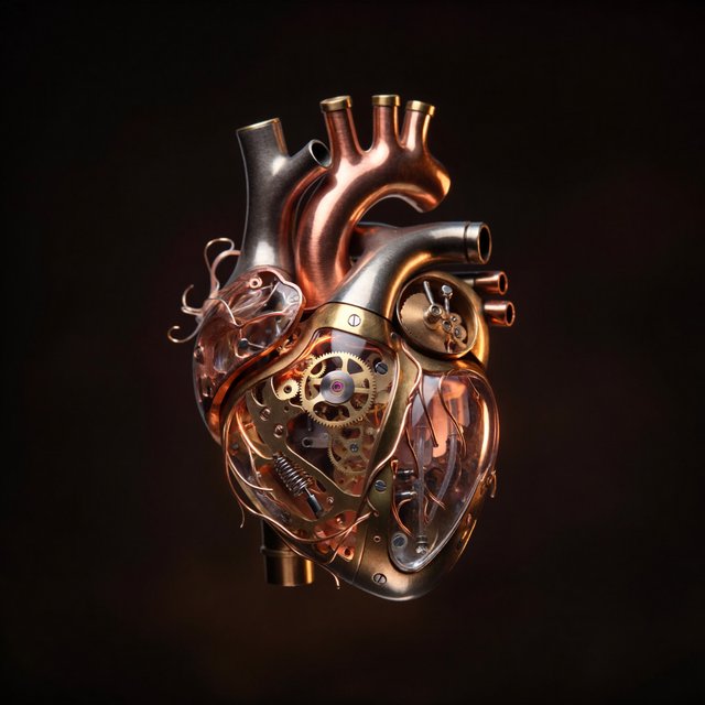 A beautifully intricate mechanical heart floating alone in deep darkness, designed like an exquisite piece of horological sculpture. Its polished brass, copper, and dark steel chambers are partially open, revealing layers of tiny interlocking gears, delicate springs, pistons, and precision mechanisms within. Sections of crystal-clear glass expose deeper workings, while slender tubes carry a faintly glowing fluid through the heart like an artificial bloodstream. Tiny gears turn and pistons move, suggesting that the heart is genuinely functioning. Fine mechanical filaments curl outward like veins and arteries, catching subtle highlights from the warm inner glow. Elegant steampunk aesthetic, dramatic cinematic lighting, rich metallic textures, intricate reflections, mysterious atmosphere. — ImagineArt 2