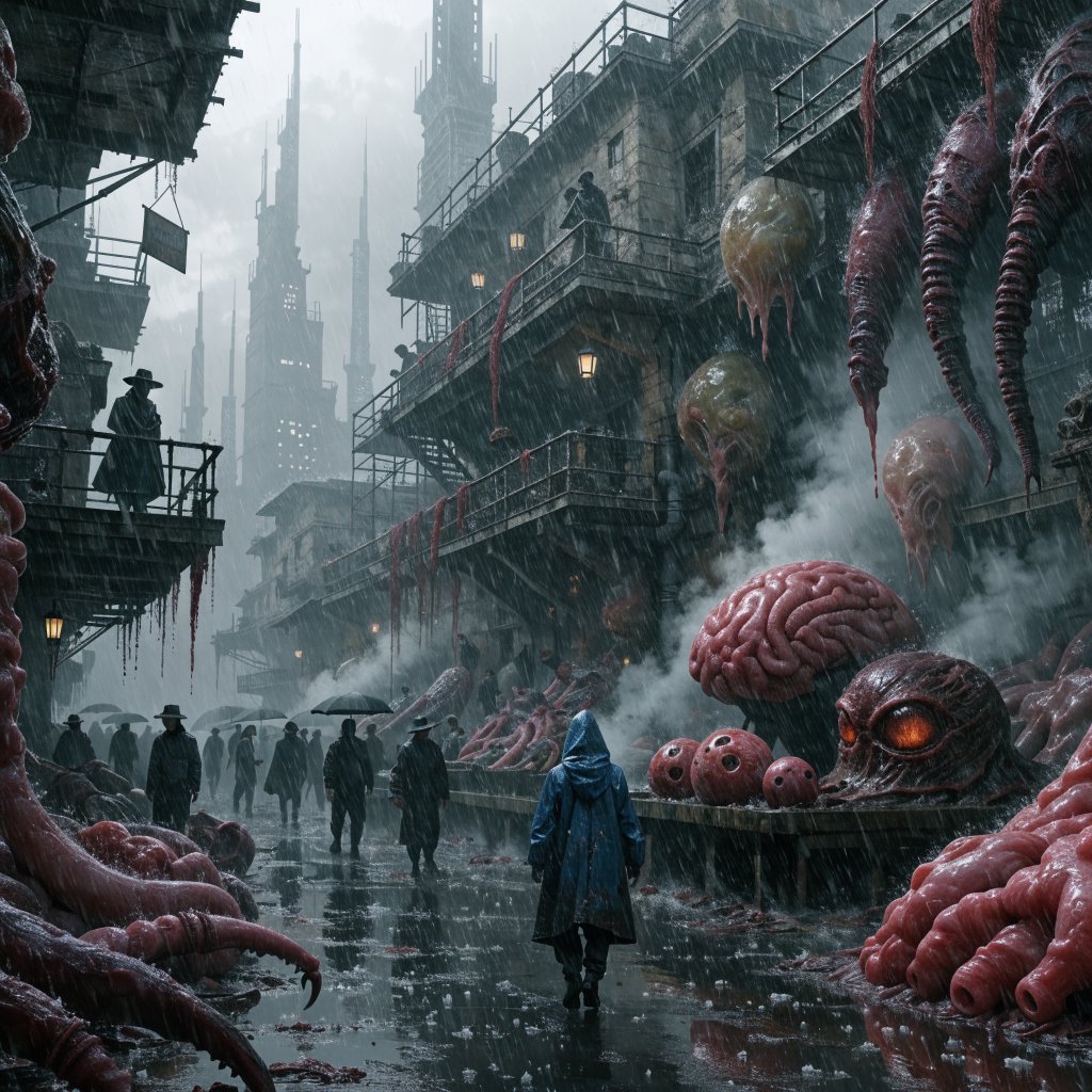 Exotic alien meat market with every possible meat imaginable on sale! — Recraft v4