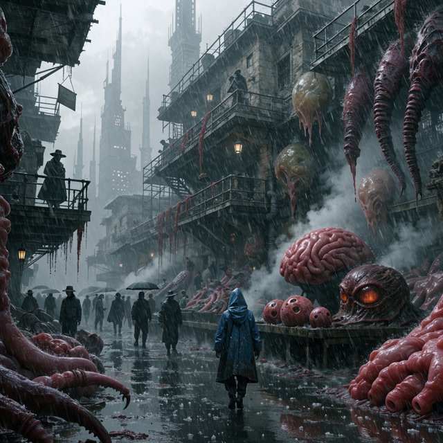Exotic alien meat market with every possible meat imaginable on sale! — Recraft v4