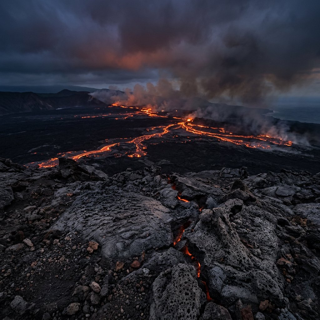 Fresh lava threads a black cinder plain on a volcanic island at dusk beneath ash-laden wind; blistered crust and brittle pumice in the foreground give way to glowing fissures fading into smoke. — Nano Banana 2.1