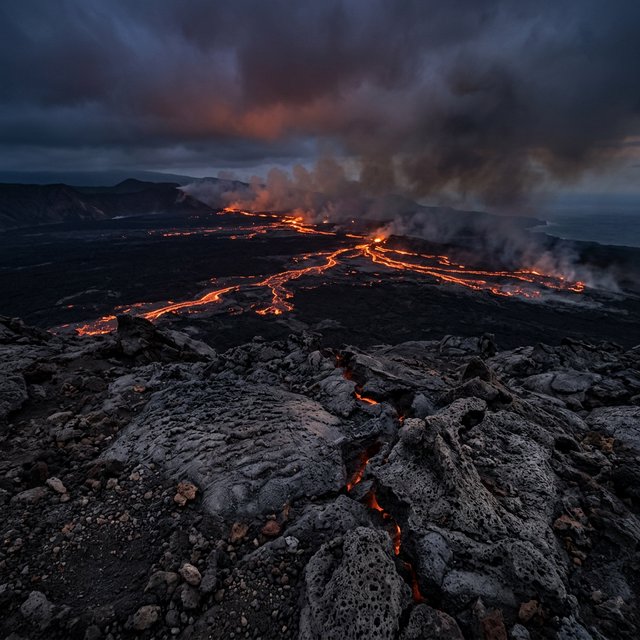 Fresh lava threads a black cinder plain on a volcanic island at dusk beneath ash-laden wind; blistered crust and brittle pumice in the foreground give way to glowing fissures fading into smoke. — Nano Banana 2.1