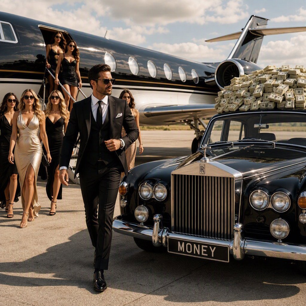 A man dressed in very nice formal clothes is getting off a private black-and-white plane. Many beautiful adult women in dresses are following the man. The man is heading toward a very high-end classic black car. The word "Money" is on the car's license plate. On top of the car is a ton of money. It is the afternoon. The vibe is cool and rich. — GPT Image 2