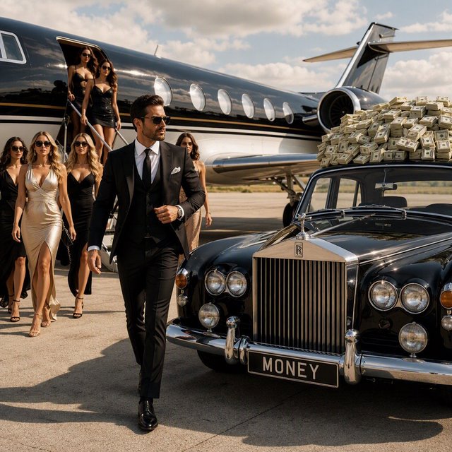 A man dressed in very nice formal clothes is getting off a private black-and-white plane. Many beautiful adult women in dresses are following the man. The man is heading toward a very high-end classic black car. The word "Money" is on the car's license plate. On top of the car is a ton of money. It is the afternoon. The vibe is cool and rich. — GPT Image 2