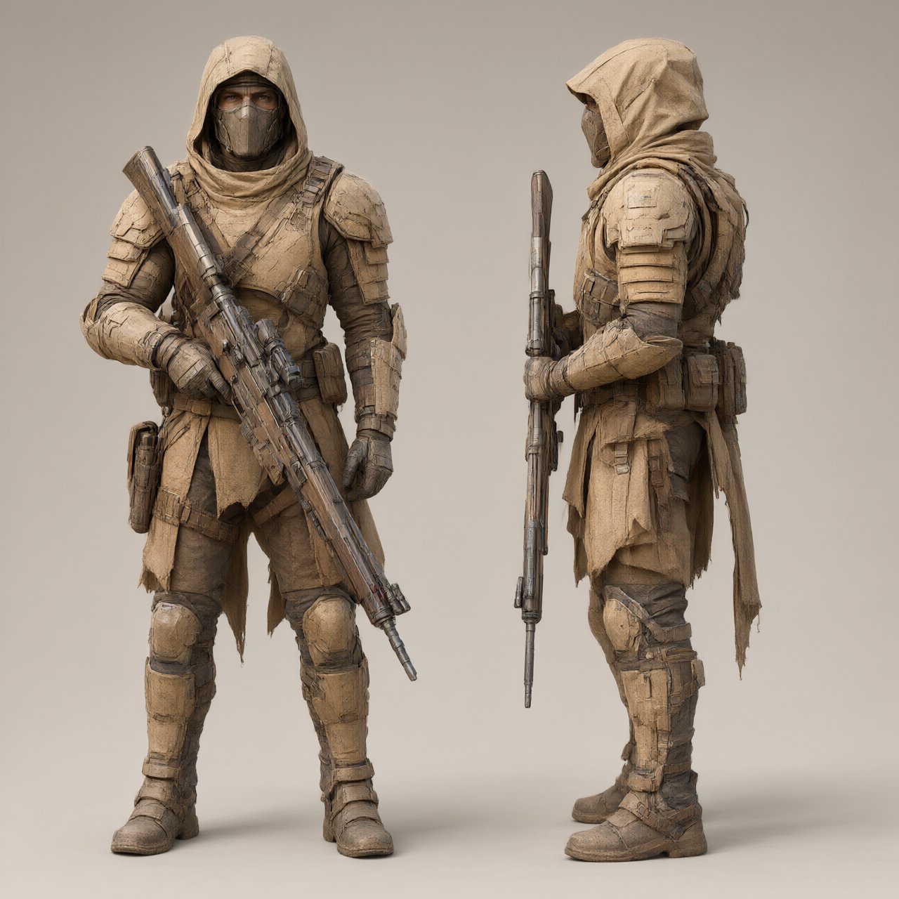 Character design sheet of a desert ranger in layered sand-coloured armour with a long rifle, front and side view, neutral background. — Qwen Image 3.0