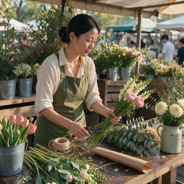 Candid documentary photograph of an adult florist arranging loose stems at an outdoor market stall, soft early-morning side light, 50mm lens with shallow depth of field, tiny water droplets beading on the cut leaves. — FLUX 3 Image