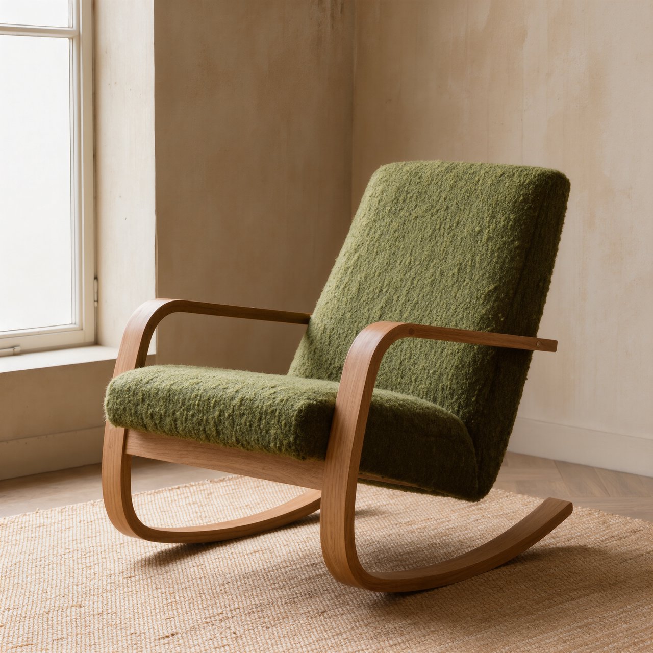 In a quiet reading-room corner, an unbranded lounge chair pairs a curved ash frame with nubby moss-green wool upholstery, set on a pale jute rug before a warm plaster wall; broad window diffusion and soft bounce shape this commercial product image, with no lettering. — Kling v3 Omni