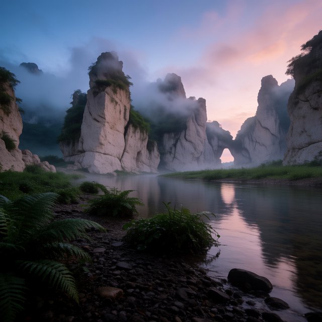 A limestone karst valley at blue hour after a light shower, towering pale cliffs rising above a clear river, low clouds snagging on pinnacles, slick ferns and rounded pebbles leading toward a distant stone arch. — Krea 2 Medium