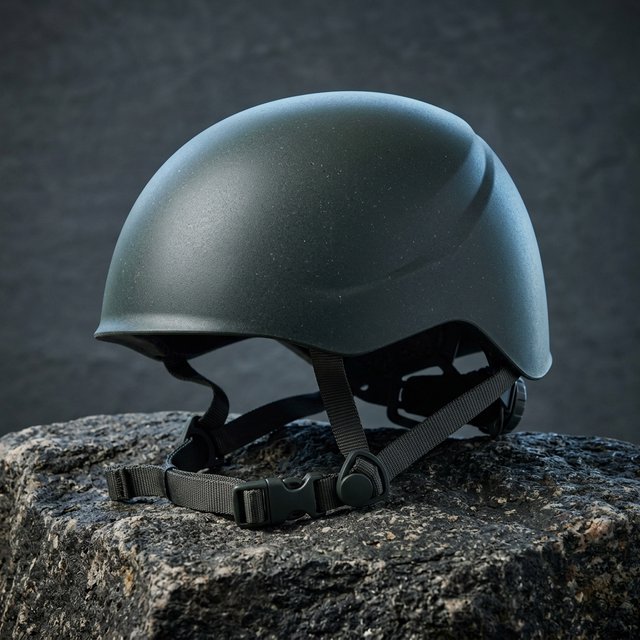 Against a muted slate backdrop, an unbranded climbing helmet with a matte recycled-polymer shell and woven nylon straps rests on rough granite; broad diffused key light and a cool rim light shape this commercial product image, with no lettering. — Nano Banana 2.1