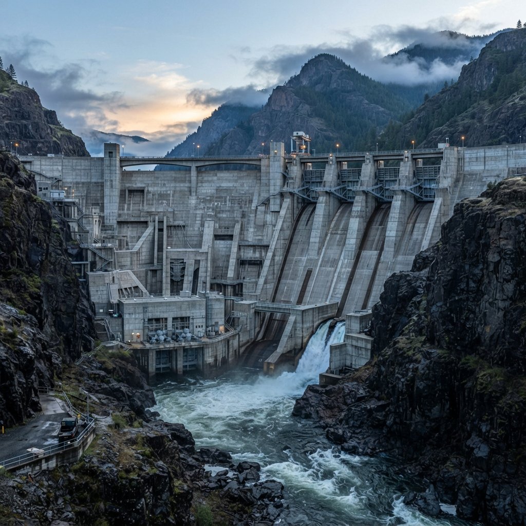 A broad hydroelectric dam in contemporary Brutalist engineering style spans a rocky gorge, its pale concrete face anchored by dark basalt abutments and steel gates; cool dawn light, viewed from downstream, with convincing load-bearing geometry. — Nano Banana 2 Lite