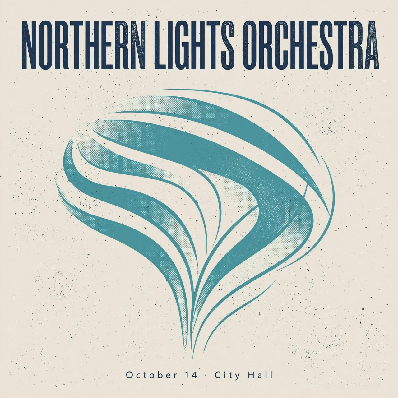 A minimalist concert poster with the words "NORTHERN LIGHTS ORCHESTRA" large at the top and "October 14 · City Hall" small at the bottom, two-colour print. — Muse Image 1.0