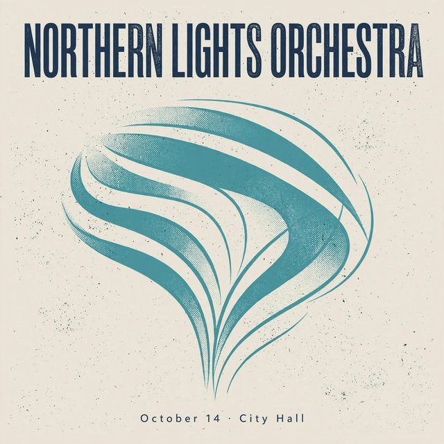 A minimalist concert poster with the words "NORTHERN LIGHTS ORCHESTRA" large at the top and "October 14 · City Hall" small at the bottom, two-colour print. — Muse Image 1.0
