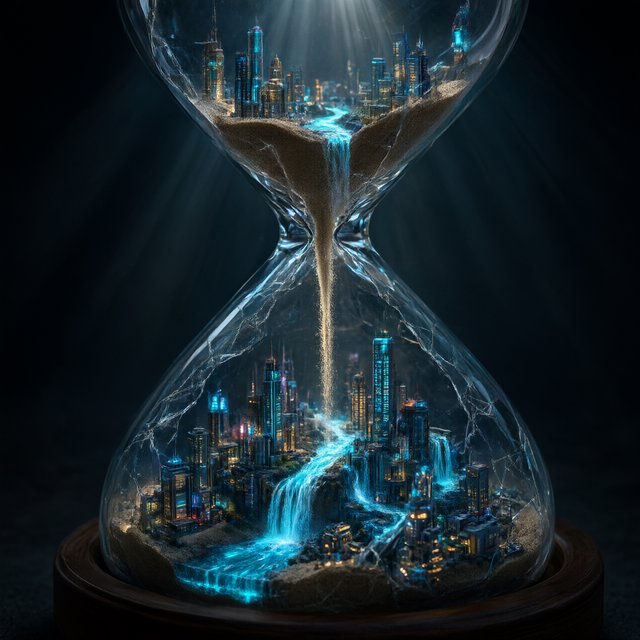 A macro close-up of a miniature glowing cyberpunk city built entirely inside a hollow cracked hourglass, tiny illuminated skyscrapers, flowing neon waterfalls, volumetric light rays piercing through sand, dark moody cinematic lighting, photorealistic depth of field — Qwen Image 3.0