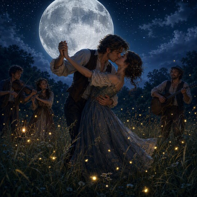 An illustration of a young adult European couple sharing a kiss while dancing in a moonlit meadow, with tall grass, fireflies, musicians playing music, and a huge silver moon overhead. — GPT Image 2
