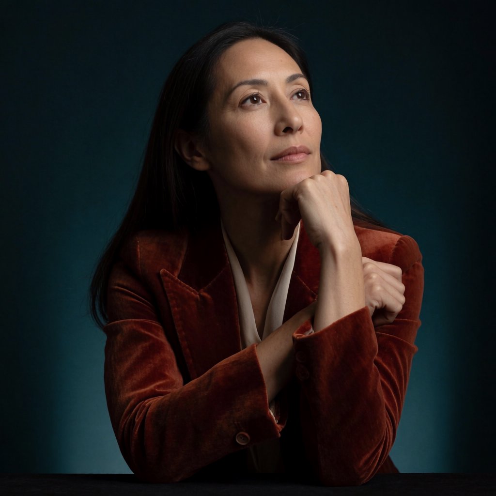 Portrait of an adult woman in her 30s wearing a rust-colored velvet jacket over an ivory blouse, one hand resting beneath her chin, thoughtful expression, deep teal studio backdrop, soft side lighting and gentle cheek highlights. — Krea 2 Medium